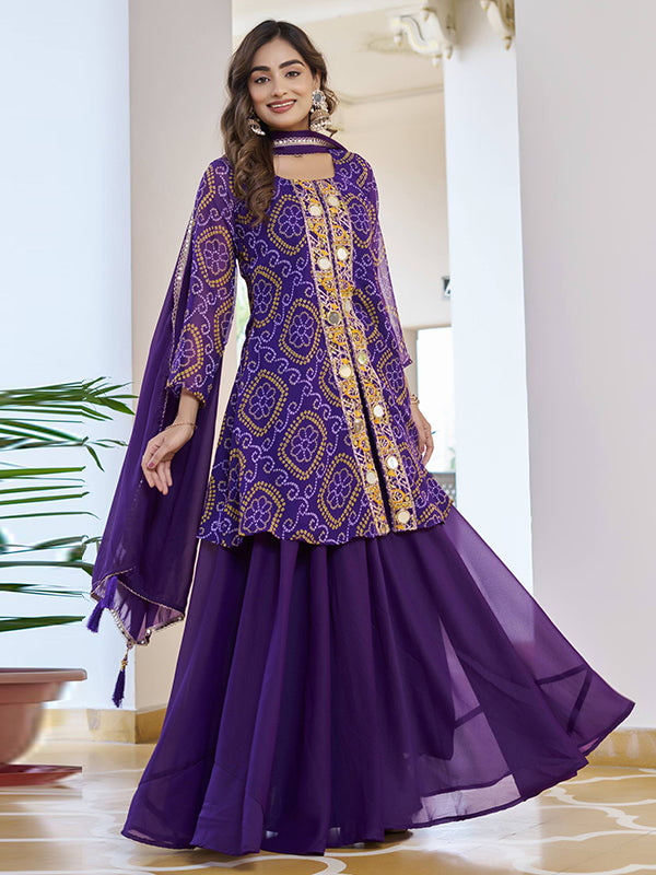 Bandhani Printed Purple Mirror Work Georgette Plazzo Suit With Dupatta