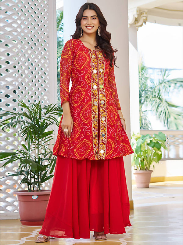 Bandhani Printed Red Mirror Work Georgette Plazzo Suit With Dupatta