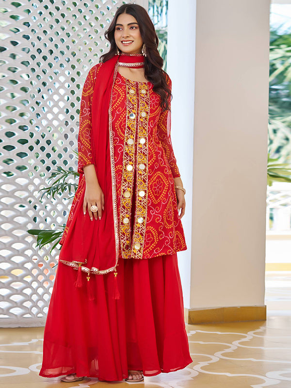 Bandhani Printed Red Mirror Work Georgette Plazzo Suit With Dupatta