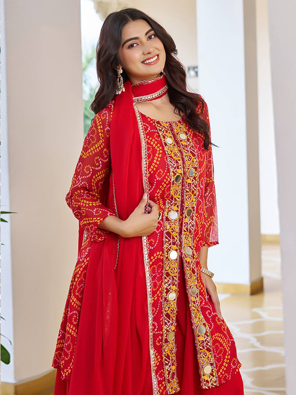 Bandhani Printed Red Mirror Work Georgette Plazzo Suit With Dupatta
