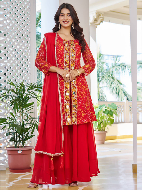 Bandhani Printed Red Mirror Work Georgette Plazzo Suit With Dupatta
