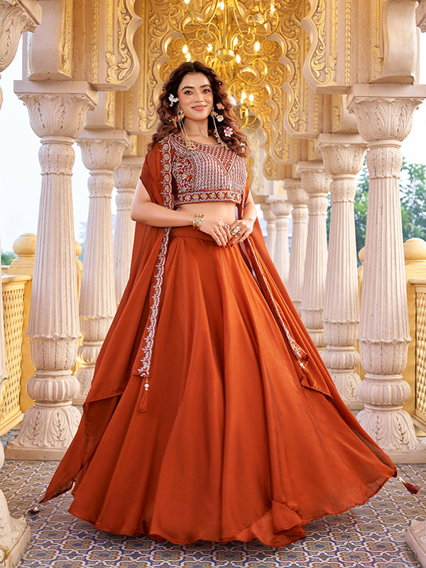 Orange Embroidery Beads Work Rangoli Silk Lehenga Choli With Shrug