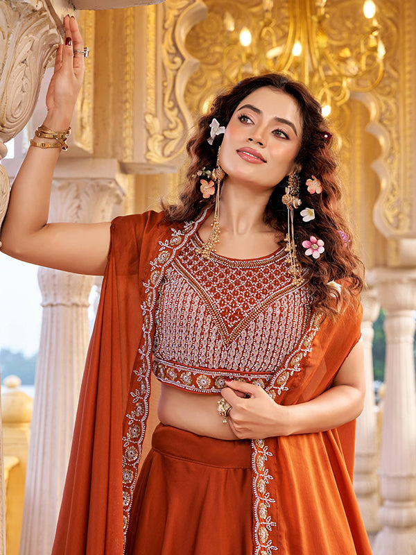 Orange Embroidery Beads Work Rangoli Silk Lehenga Choli With Shrug