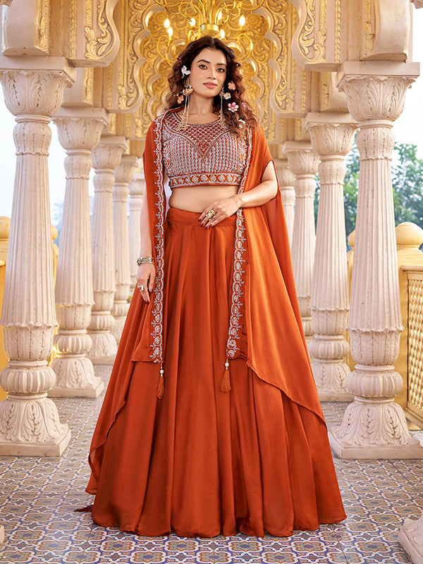 Orange Embroidery Beads Work Rangoli Silk Lehenga Choli With Shrug