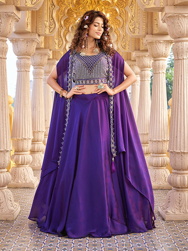 Purple Embroidery Beads Work Rangoli Silk Lehenga Choli With Shrug