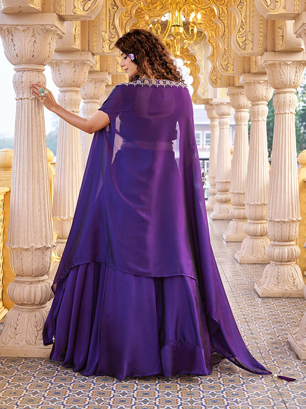 Purple Embroidery Beads Work Rangoli Silk Lehenga Choli With Shrug