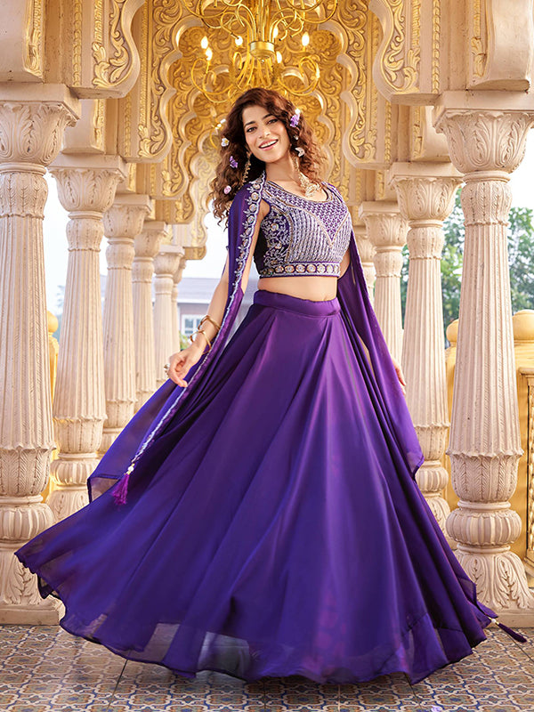 Purple Embroidery Beads Work Rangoli Silk Lehenga Choli With Shrug