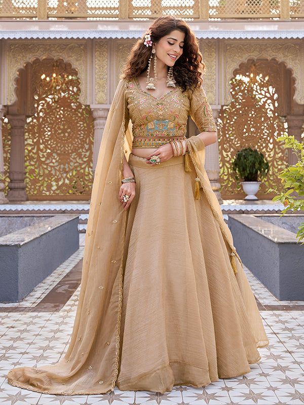 Beige Beads Embroidery Work Crunchy Silk Lehenga Choli With Dupatta