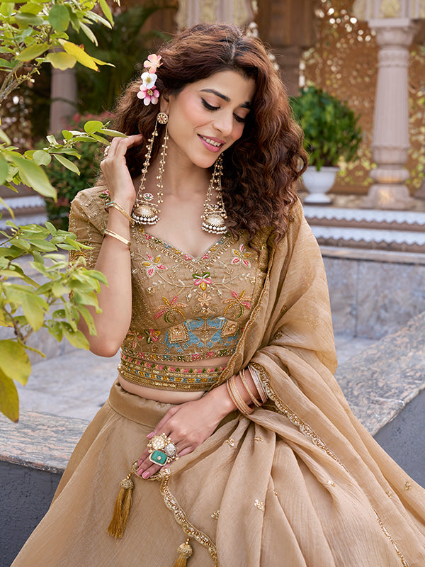 Beige Beads Embroidery Work Crunchy Silk Lehenga Choli With Dupatta