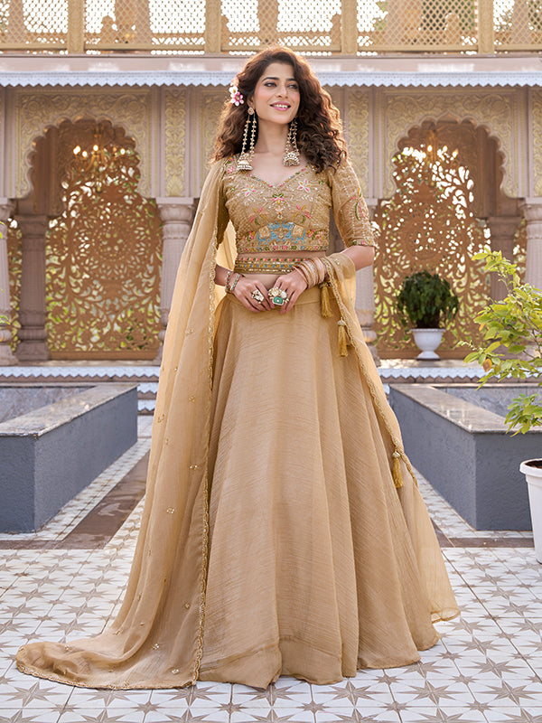 Beige Beads Embroidery Work Crunchy Silk Lehenga Choli With Dupatta