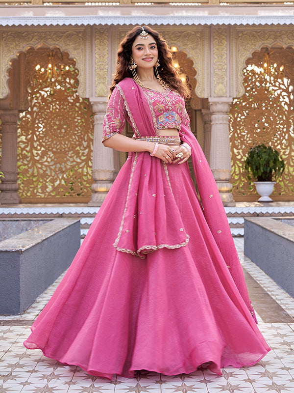 Pink Beads Embroidery Work Crunchy Silk Lehenga Choli With Dupatta