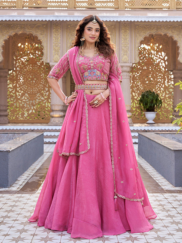 Pink Beads Embroidery Work Crunchy Silk Lehenga Choli With Dupatta