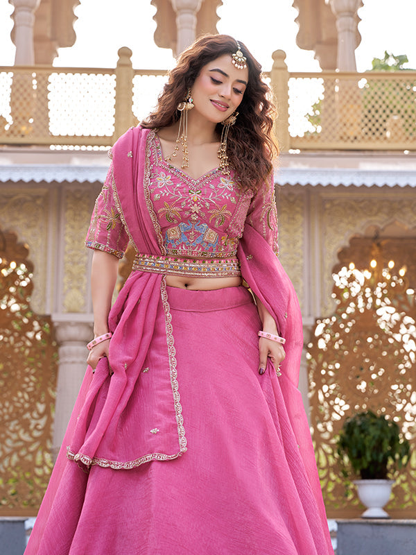 Pink Beads Embroidery Work Crunchy Silk Lehenga Choli With Dupatta