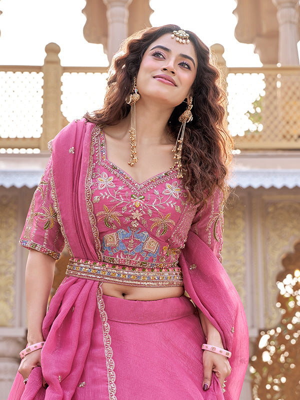 Pink Beads Embroidery Work Crunchy Silk Lehenga Choli With Dupatta