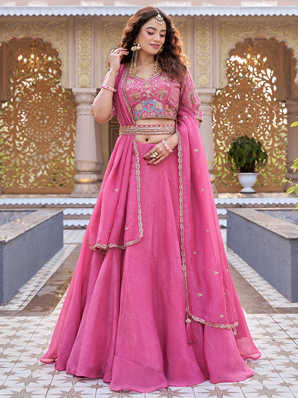 Pink Beads Embroidery Work Crunchy Silk Lehenga Choli With Dupatta