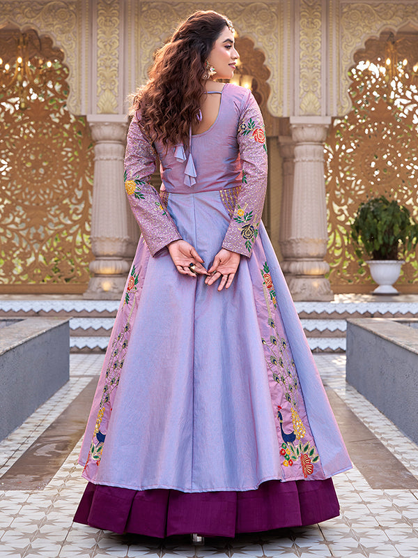 Lavender Embroidery Sequence Work Satin Silk Top With Wine Vichitra Silk Lehenga