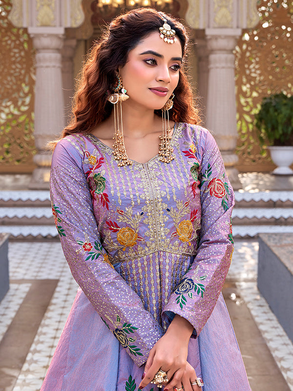 Lavender Embroidery Sequence Work Satin Silk Top With Wine Vichitra Silk Lehenga