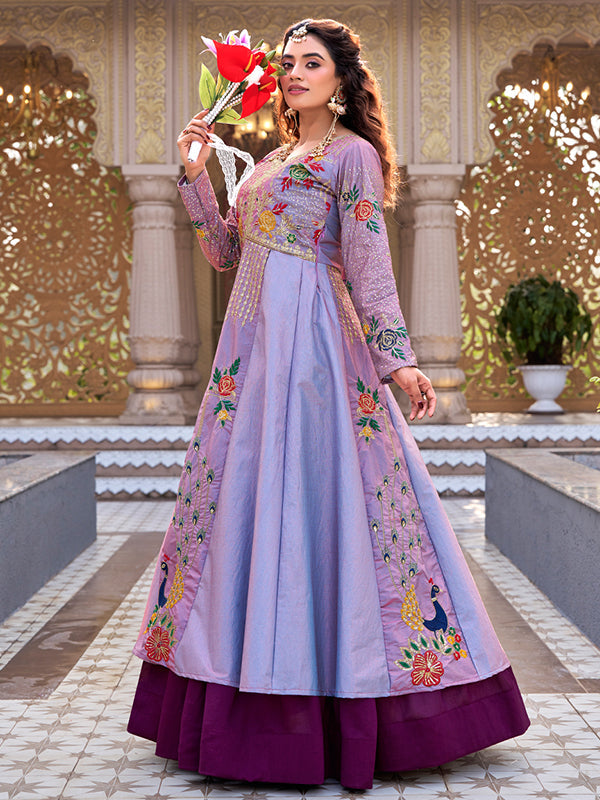 Lavender Embroidery Sequence Work Satin Silk Top With Wine Vichitra Silk Lehenga