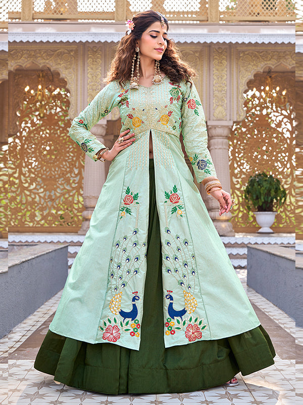 Pista Green Embroidery Sequence Work Satin Silk Top With Green Vichitra Silk Lehenga