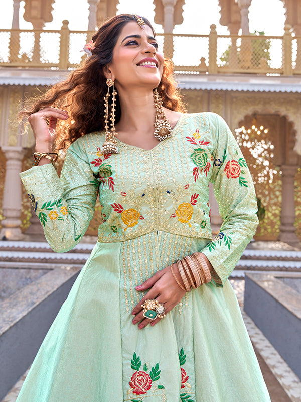Pista Green Embroidery Sequence Work Satin Silk Top With Green Vichitra Silk Lehenga