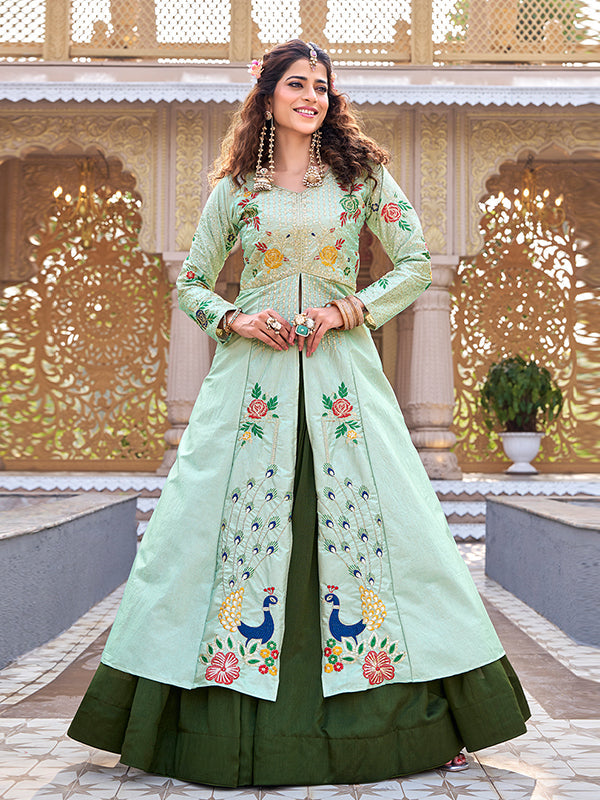 Pista Green Embroidery Sequence Work Satin Silk Top With Green Vichitra Silk Lehenga