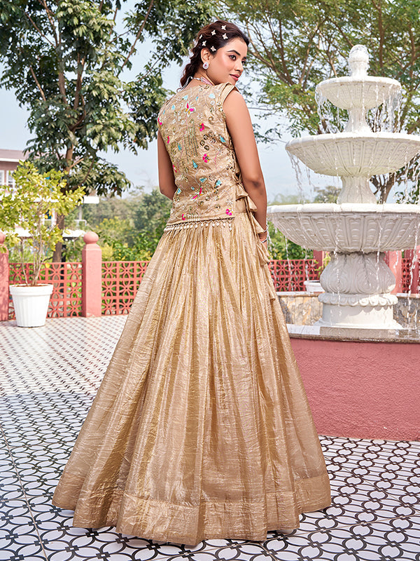 Beige Gold Crush Thread Sequence Work Lehenga Choli With Shrug