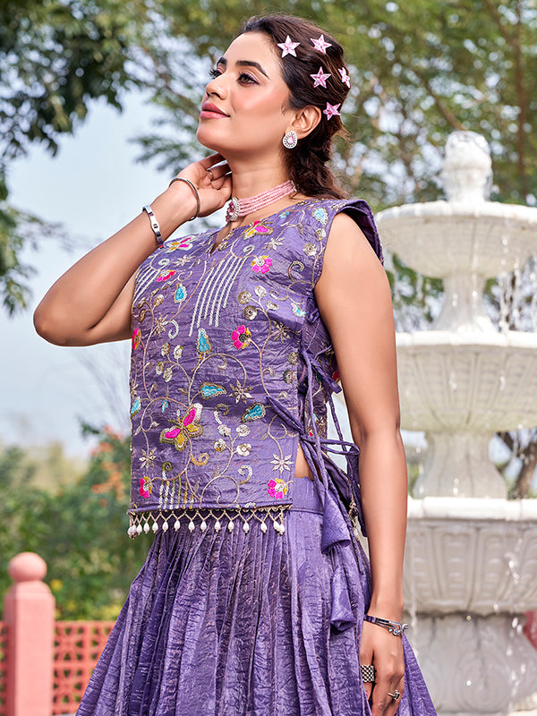 Lavender Gold Crush Thread Sequence Work Lehenga Choli With Shrug