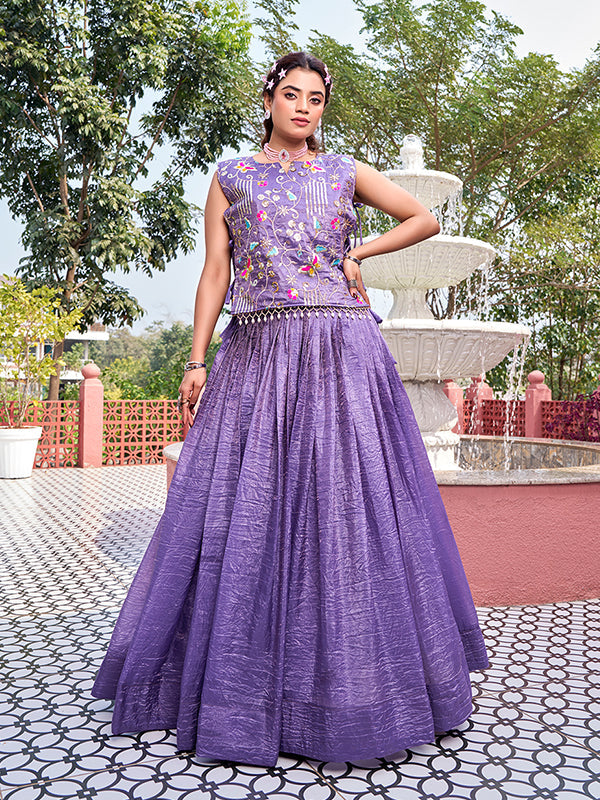Lavender Gold Crush Thread Sequence Work Lehenga Choli With Shrug