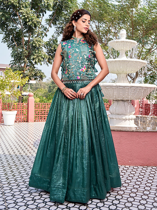Peacock Green Gold Crush Thread Sequence Work Lehenga Choli With Shrug