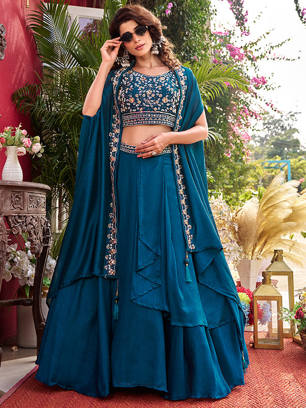 Blue Beads Sequence Work Vichitra Silk Lehenga Choli With Shrug