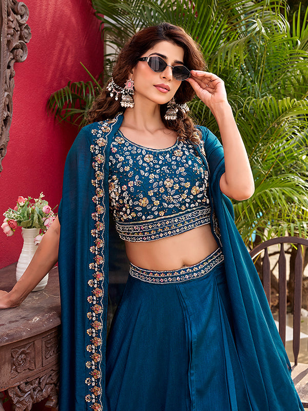 Blue Beads Sequence Work Vichitra Silk Lehenga Choli With Shrug