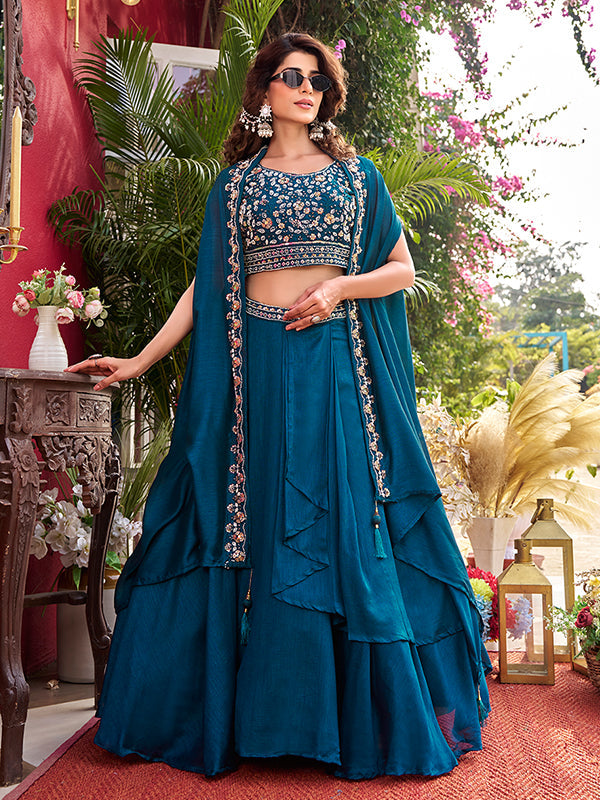 Blue Beads Sequence Work Vichitra Silk Lehenga Choli With Shrug