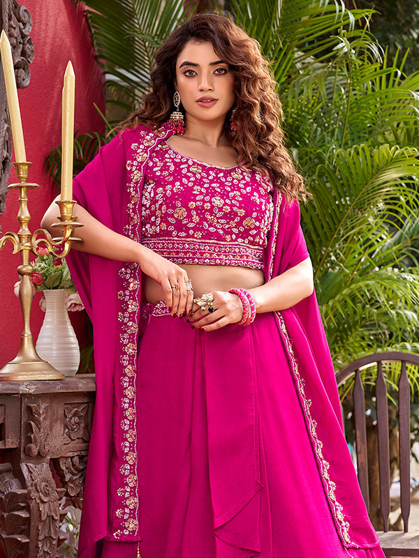 Pink Beads Sequence Work Vichitra Silk Lehenga Choli With Shrug