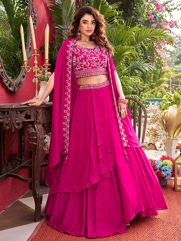 Pink Beads Sequence Work Vichitra Silk Lehenga Choli With Shrug