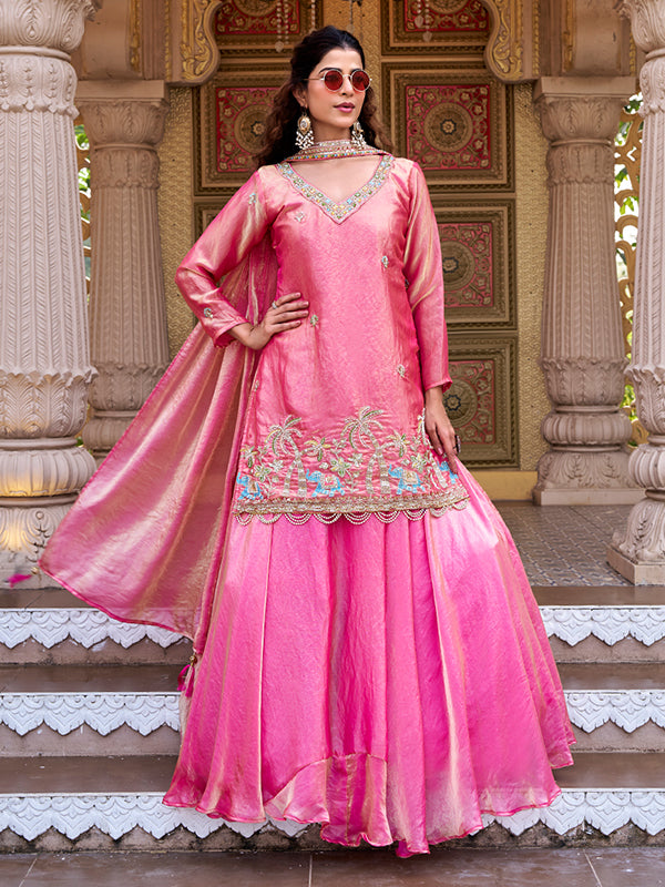 Pink Beads Sequence Work Fendy Silk Top Lehenga With Dupatta