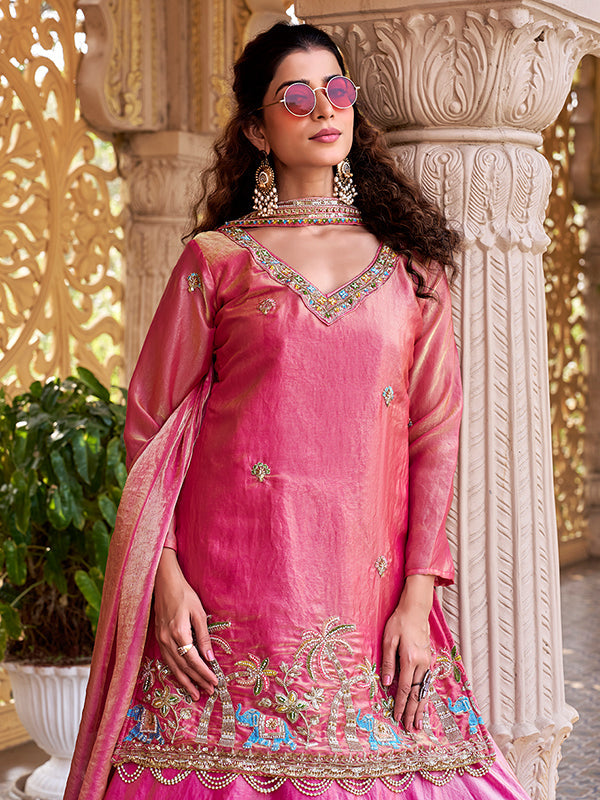 Pink Beads Sequence Work Fendy Silk Top Lehenga With Dupatta