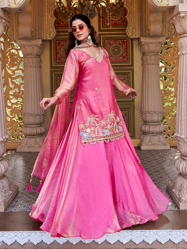 Pink Beads Sequence Work Fendy Silk Top Lehenga With Dupatta