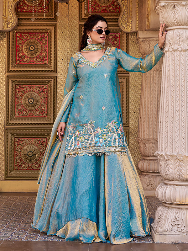 Grey Beads Sequence Work Fendy Silk Top Lehenga With Dupatta