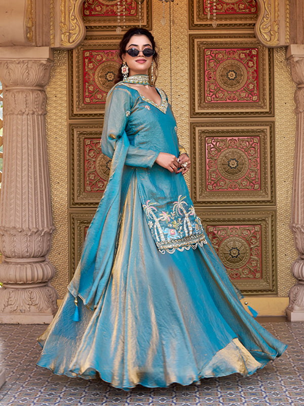 Grey Beads Sequence Work Fendy Silk Top Lehenga With Dupatta