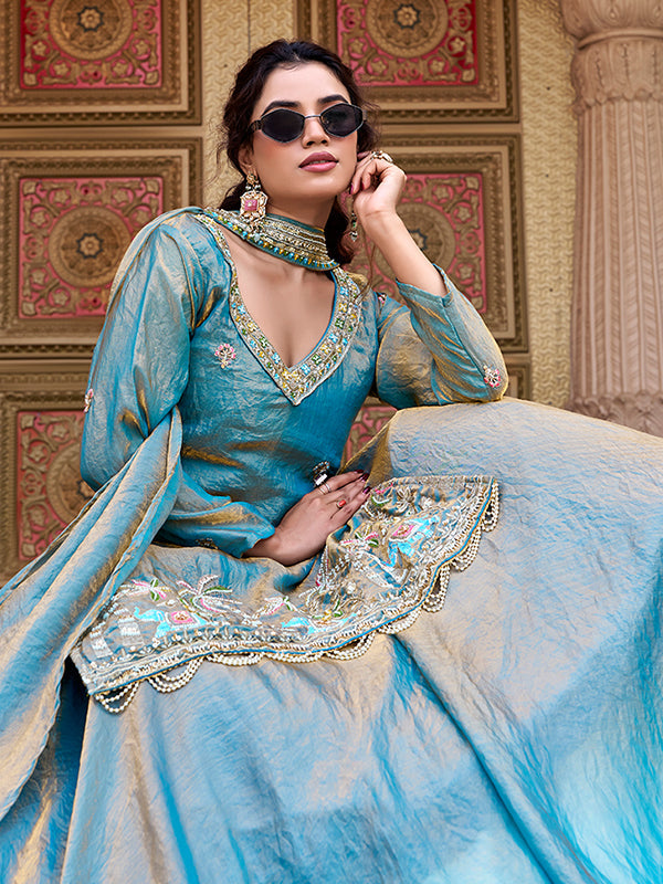 Grey Beads Sequence Work Fendy Silk Top Lehenga With Dupatta