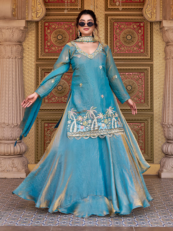 Grey Beads Sequence Work Fendy Silk Top Lehenga With Dupatta