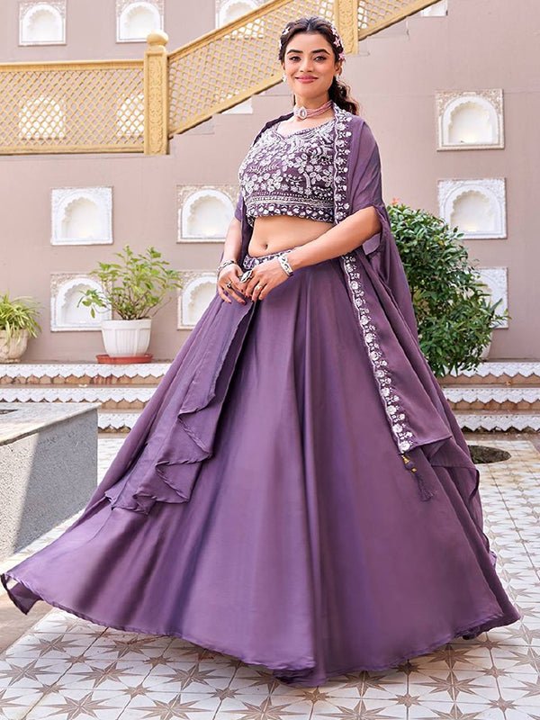 Purple Beads Sequence Work Rangoli Silk Lehenga Choli With Shrug