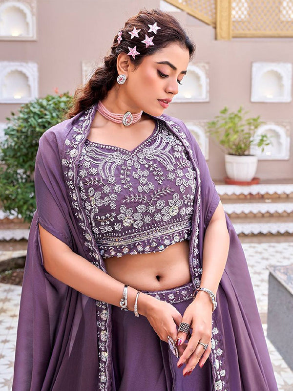Purple Beads Sequence Work Rangoli Silk Lehenga Choli With Shrug