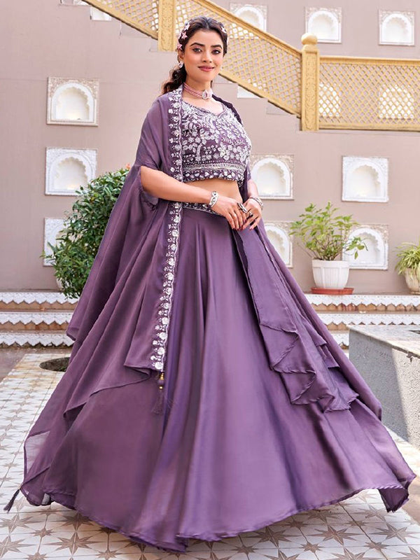 Purple Beads Sequence Work Rangoli Silk Lehenga Choli With Shrug