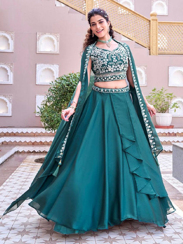 Teal Blue Beads Sequence Work Rangoli Silk Lehenga Choli With Shrug