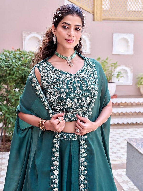 Teal Blue Beads Sequence Work Rangoli Silk Lehenga Choli With Shrug