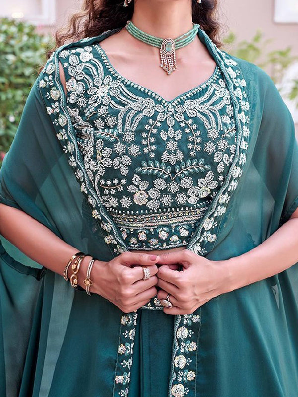 Teal Blue Beads Sequence Work Rangoli Silk Lehenga Choli With Shrug