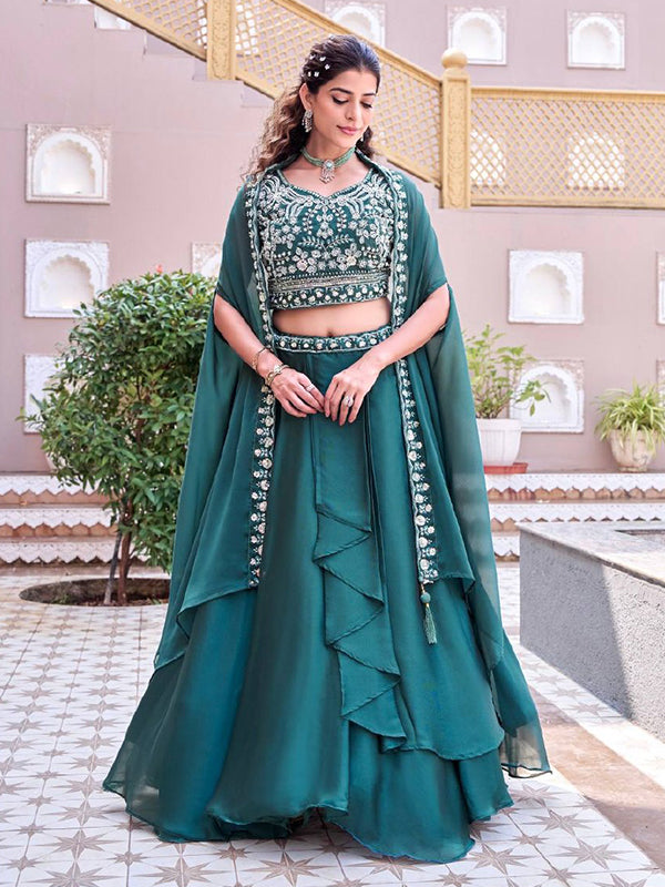 Teal Blue Beads Sequence Work Rangoli Silk Lehenga Choli With Shrug