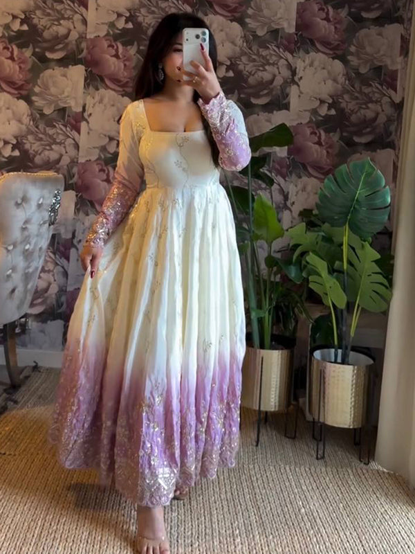 Lavender Shaded White Thread Sequence Work Star Georgette Gown With Dupatta