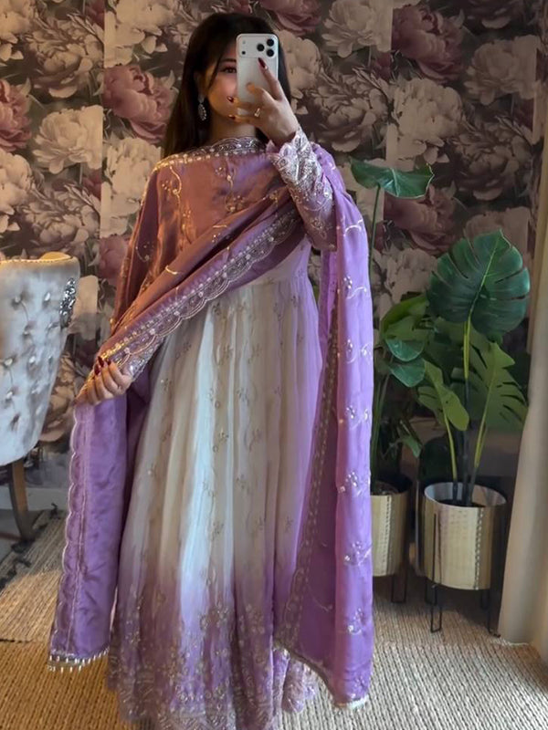 Lavender Shaded White Thread Sequence Work Star Georgette Gown With Dupatta